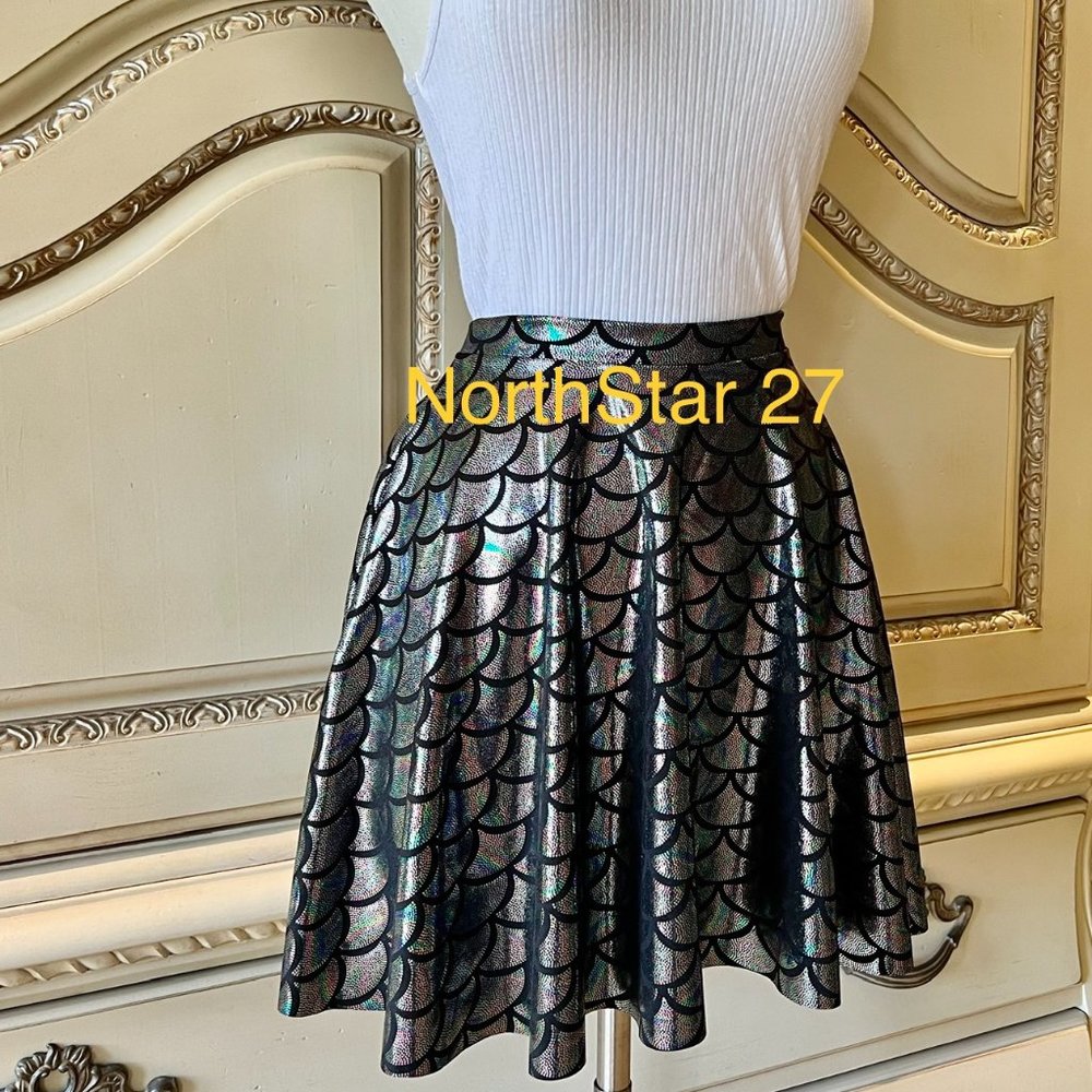 Plus And Regular Size Holograph Shiny Mermaid Scale Skater Skirt
